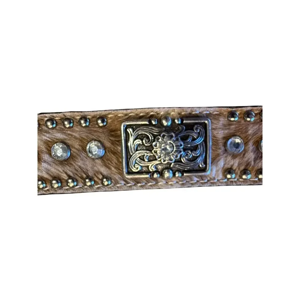 Studded Brown Hair-on Leather Belt with Crystal Accents Size 28 (no buckle)